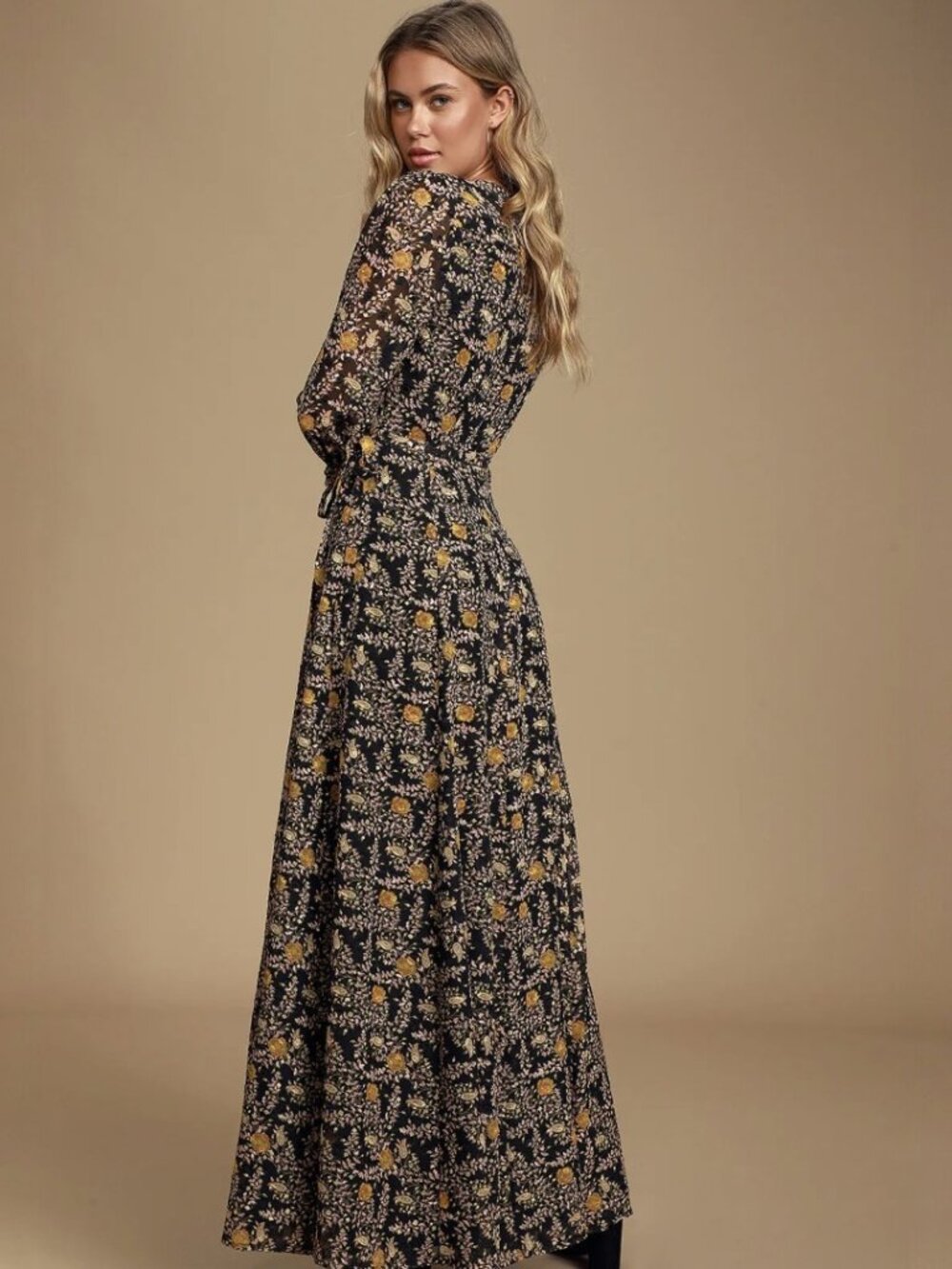 Lulus Meet Me There Black Multi Floral Print Wrap Maxi Dress​ NWT - Picture 4 of 10